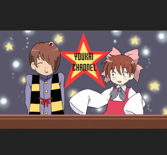 toryuu, kitarou, konno hiromi, medama oyaji, nekomusume, gegege no kitarou, lucky star, toei company, 1boy, 1girl, bow, lucky channel, oversized clothes, parody, pink bow, voice actor connection