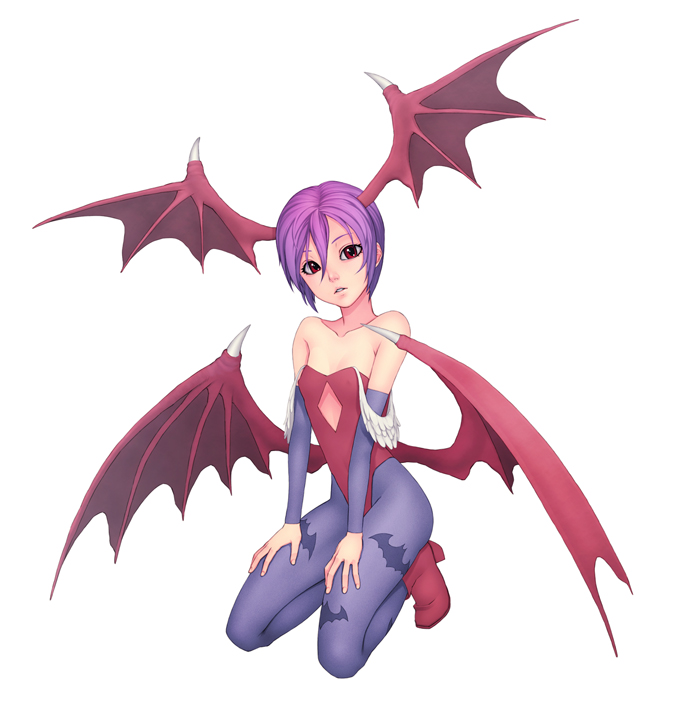 iwai ryou, lilith (darkstalkers), capcom, darkstalkers, 1girl, animal print, argyle clothes, argyle cutout, bat print, clothing cutout, demon girl, female focus, full body, head wings, leotard, low wings, pantyhose, print pantyhose, purple pantyhose, red leotard, simple background, solo, white background, wings