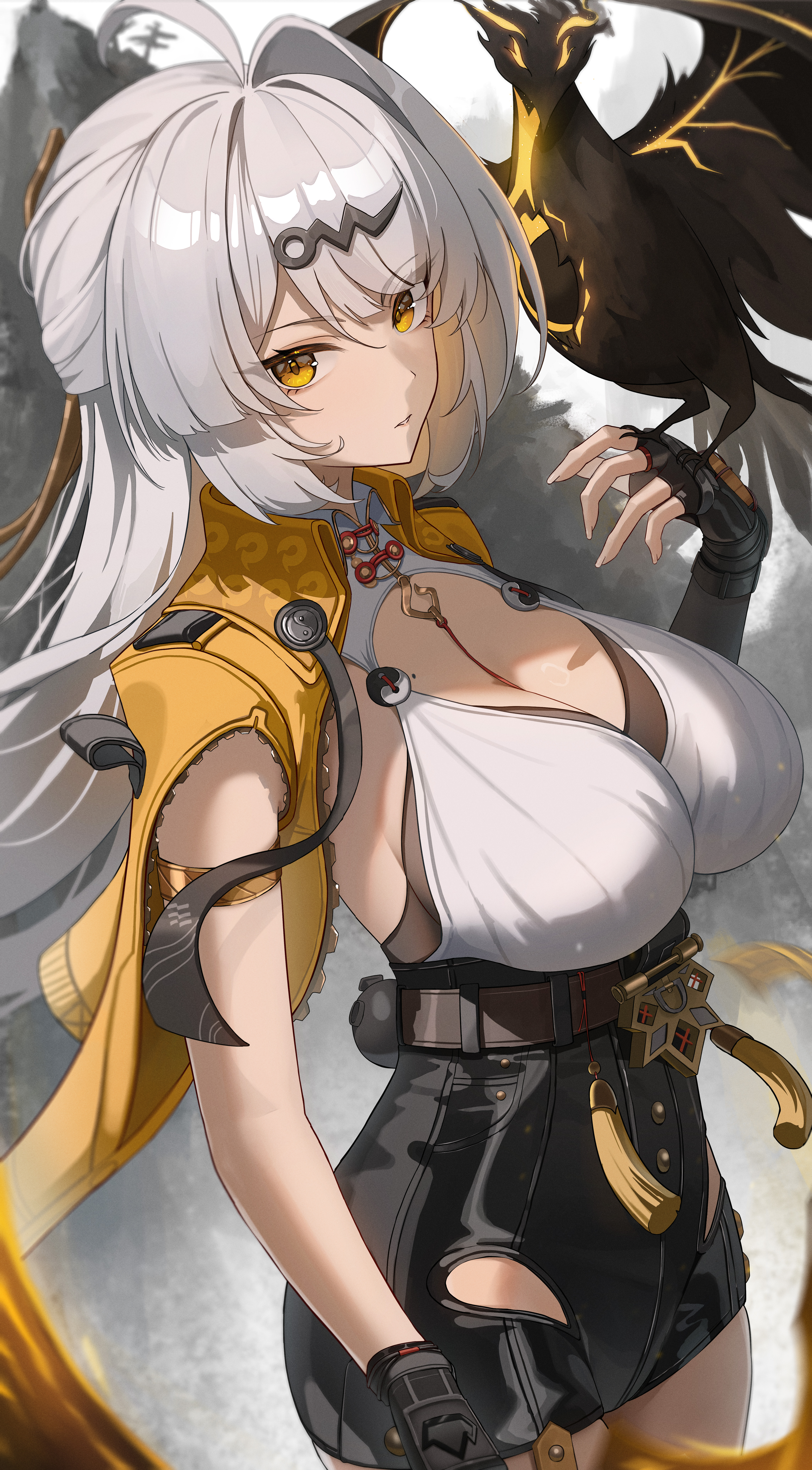 rega, yixuan (zenless zone zero), zenless zone zero, absurdres, commentary, highres, 1girl, ahoge, armlet, asymmetrical gloves, bird, bird on hand, black gloves, black shorts, breasts, collar, elbow gloves, fingerless gloves, fingernails, gloves, grey hair, hair ornament, hand up, high-waist shorts, jacket, jewelry, large breasts, long hair, looking at viewer, mole, mole on breast, parted lips, shirt, shorts, single fingerless glove, single hair intake, solo, uneven gloves, white collar, white shirt, yellow eyes, yellow jacket