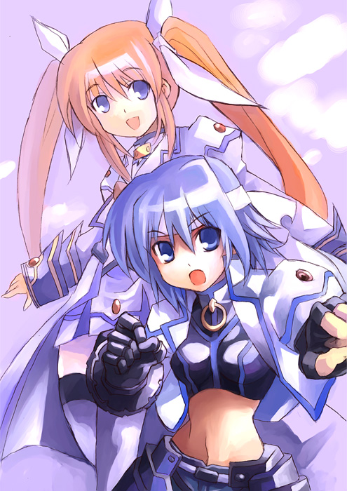 kouno hikaru, revolver knuckle, subaru nakajima, takamachi nanoha, takamachi nanoha (aggressor mode), lyrical nanoha, mahou shoujo lyrical nanoha, mahou shoujo lyrical nanoha strikers, uniform, 00s, 2girls, blue hair, brown hair, coat, fingerless gloves, gauntlets, gloves, headband, jacket, long hair, looking at viewer, magical girl, midriff, multiple girls, navel, open clothes, open jacket, open mouth, overcoat, puffy sleeves, purple eyes, red hair, serious, short hair, single fingerless glove, single gauntlet, smile, thighhighs, twintails, waist cape, zettai ryouiki
