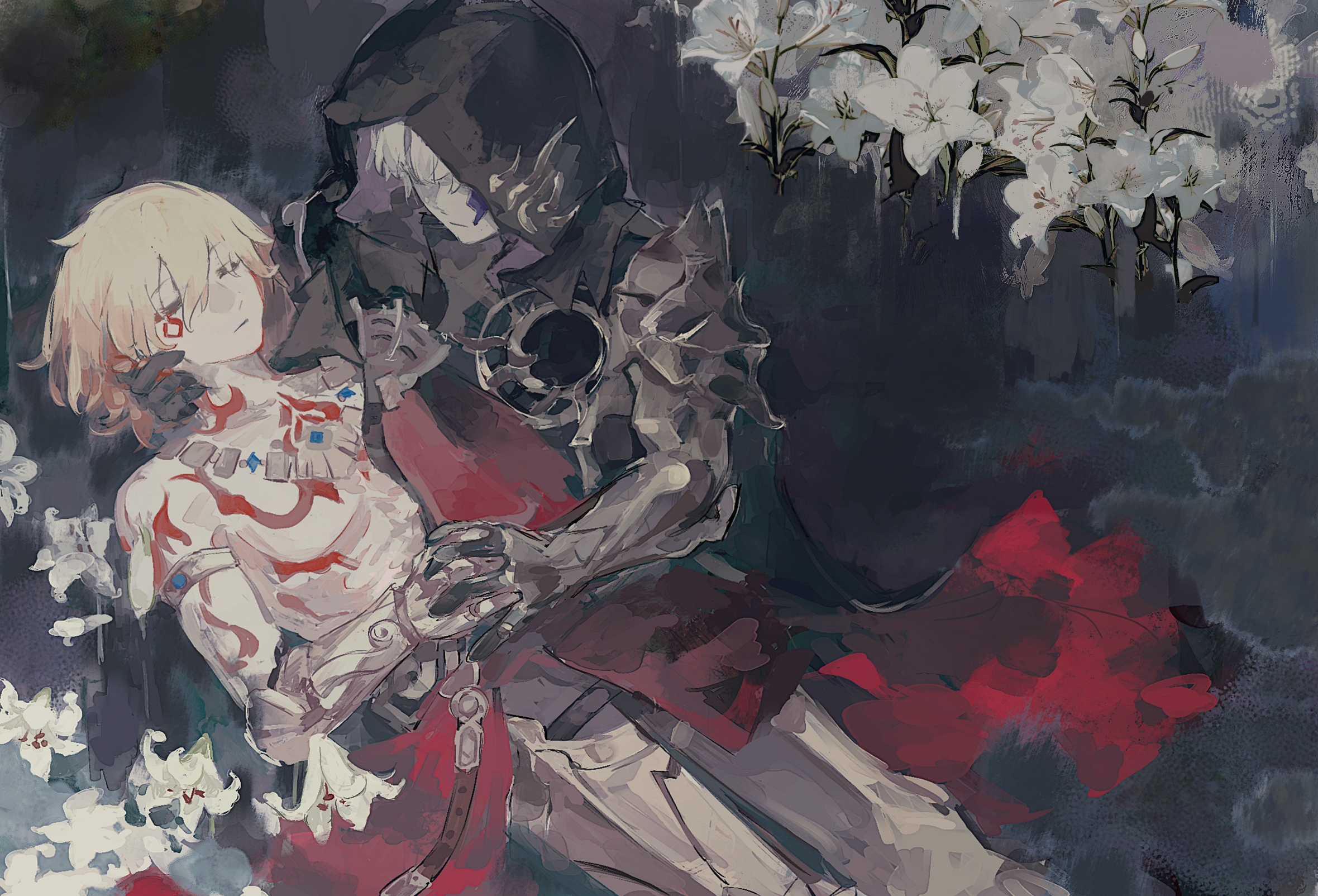 flame reaver of the deepest dark, mydei (honkai: star rail), phainon (honkai: star rail), honkai: star rail, honkai (series), chinese commentary, commentary request, highres, 2boys, arm tattoo, armlet, armor, armored boots, black cloak, black coat, black pants, blonde hair, boots, braid, chest tattoo, clawed gauntlets, cloak, coat, facial tattoo, gradient hair, gua6712327, holding hands, hood, hood up, hooded cloak, jewelry, male focus, medium hair, multicolored hair, multiple boys, open clothes, open coat, pants, partially submerged, pauldrons, red hair, red tattoo, shoulder armor, side braid, single pauldron, tattoo, white hair, yellow eyes