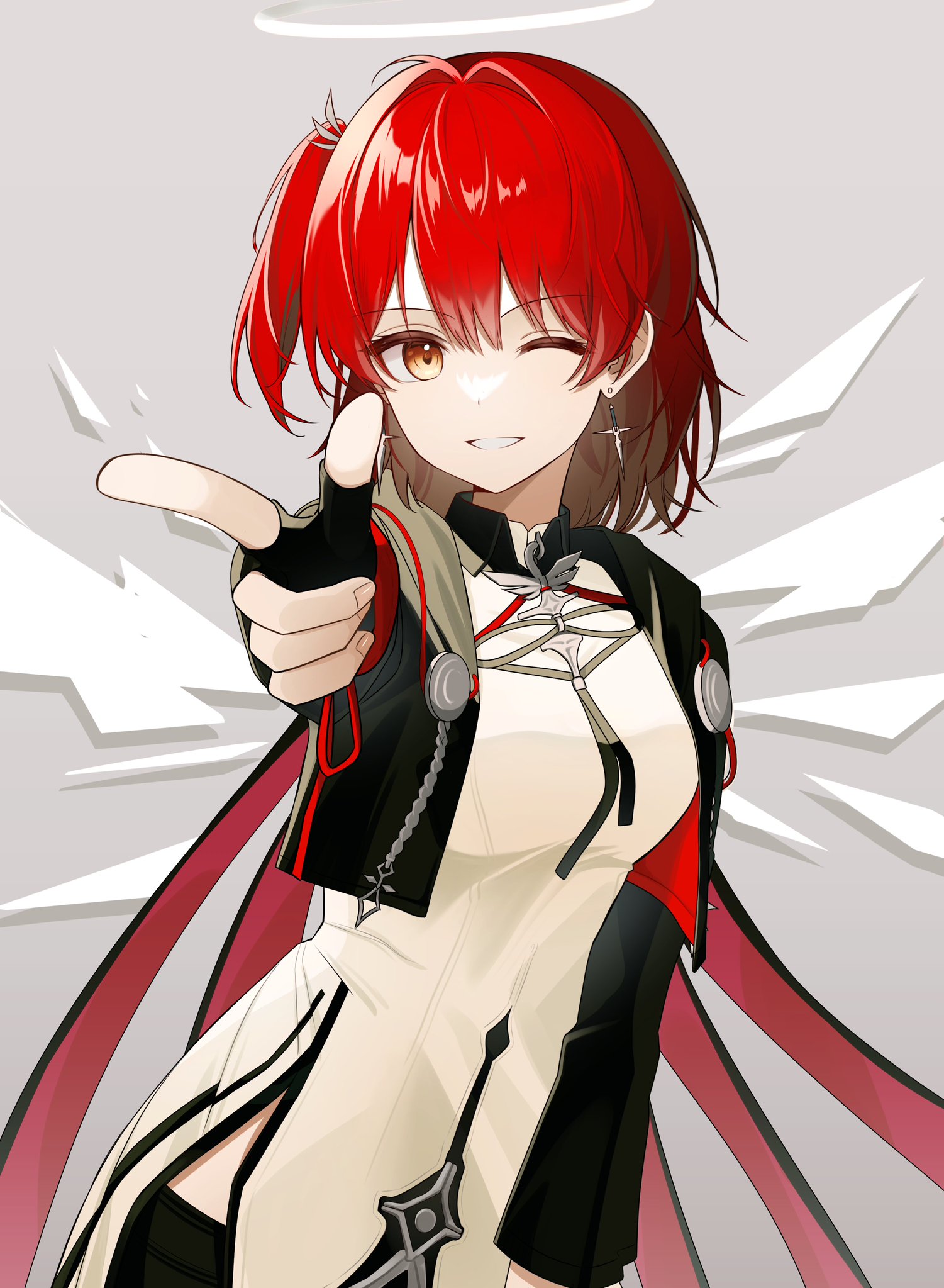 nishimiya aki, exusiai (arknights), exusiai the new covenant (arknights), arknights, commentary, highres, 1girl, ;d, black gloves, black jacket, cropped jacket, cross, cross earrings, detached wings, earrings, fingerless gloves, fingernails, gloves, grey background, grin, halo, jacket, jewelry, latin cross, long sleeves, looking at viewer, one eye closed, one side up, open clothes, open jacket, open mouth, outstretched arm, pointing, pointing at viewer, red hair, shirt, short hair, simple background, smile, solo, traditional halo, white halo, white shirt, wings, yellow eyes