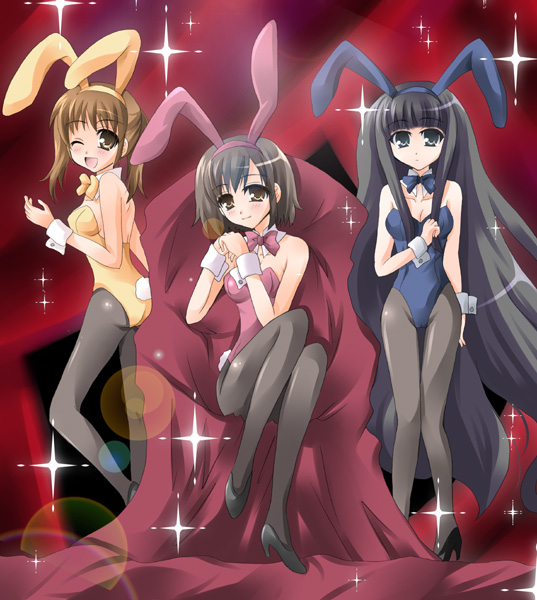 kokonogi kisara, sasaki, sasaki (suzumiya haruhi), suou kuyou, tachibana kyouko (suzumiya haruhi), suzumiya haruhi no yuuutsu, 00s, 3girls, animal ears, fake animal ears, leotard, long hair, multiple girls, pantyhose, playboy bunny, rabbit ears, sparkle, very long hair