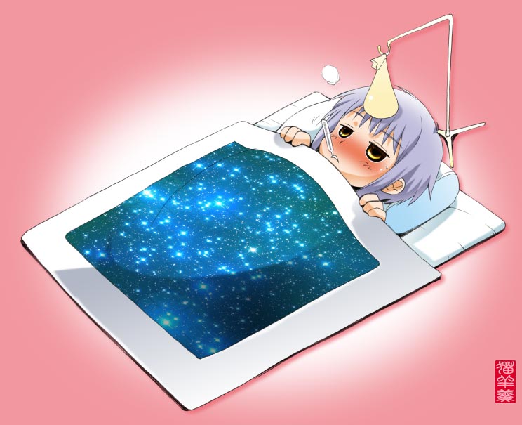 maira gen, nagato yuki, suzumiya haruhi no yuuutsu, 00s, 1girl, blush, chibi, female focus, fever, mouth hold, sick, solo, thermometer, under covers