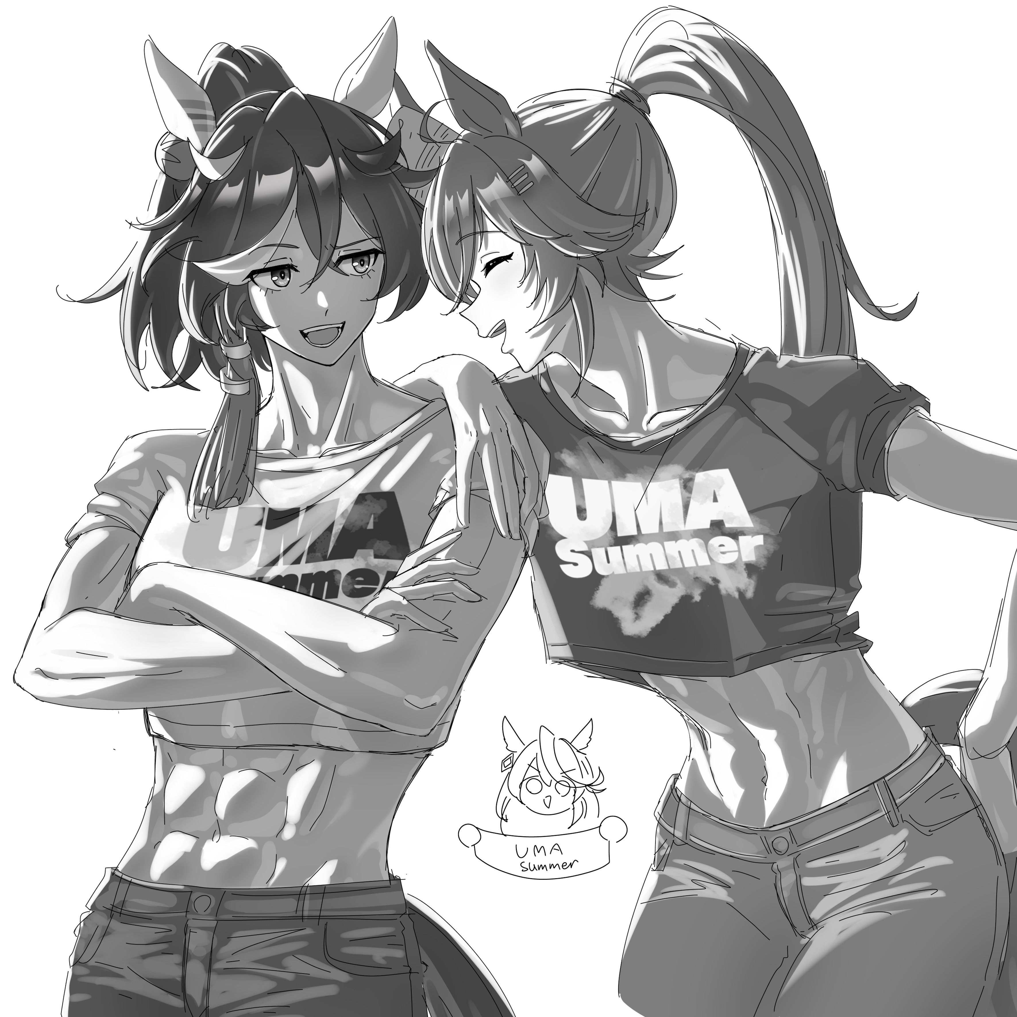 senchan 7, umamusume, absurdres, character request, commentary, highres, 3girls, abs, ahoge, animal ears, closed eyes, clothes writing, cropped shirt, facing another, greyscale, horse ears, horse girl, horse tail, long hair, looking at viewer, monochrome, multicolored hair, multiple girls, muscular, muscular female, open mouth, pants, ponytail, simple background, smile, streaked hair, tail, teeth