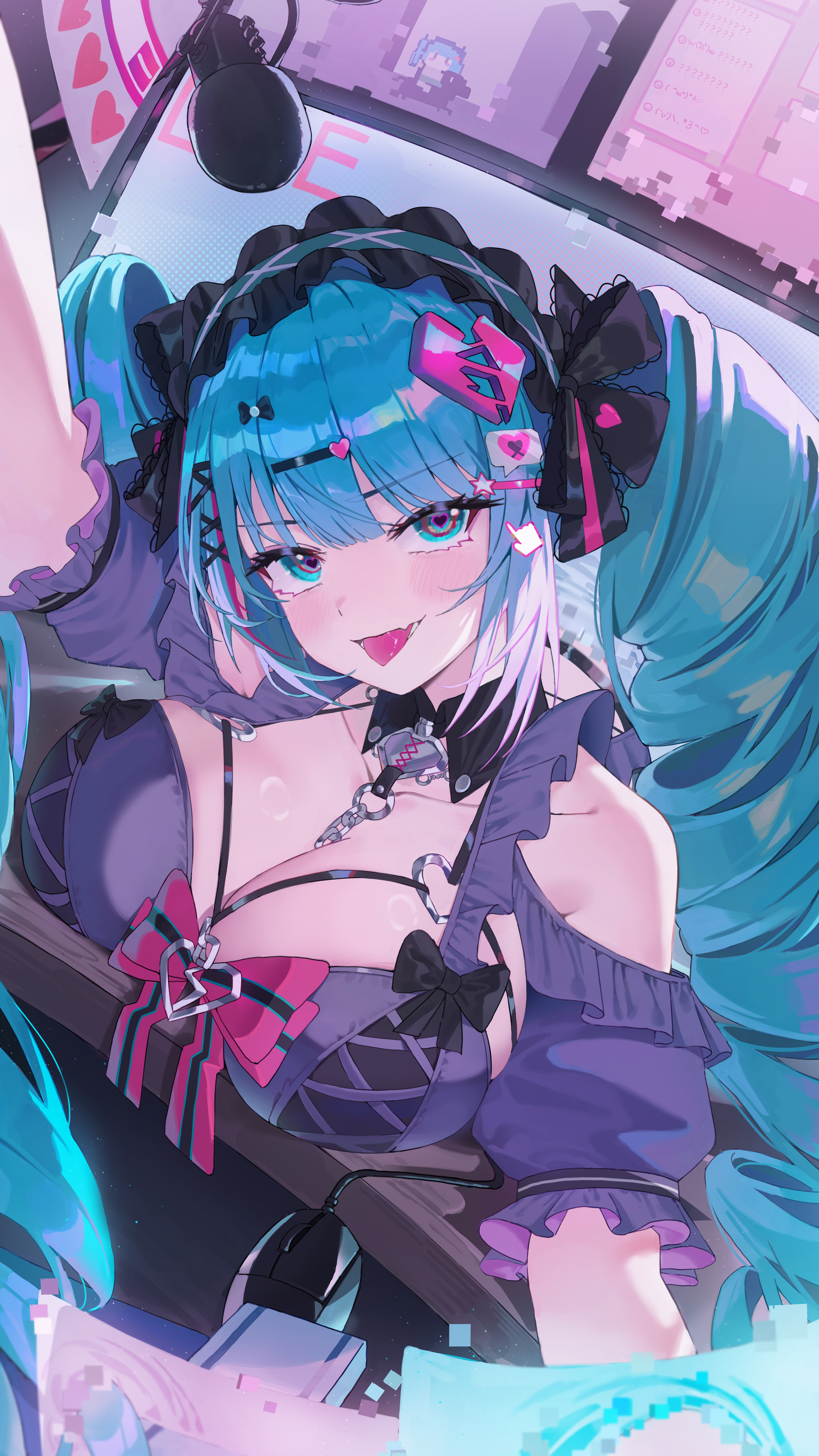 k.j., chasing kaleidorider, absurdres, commentary, commentary request, english commentary, highres, mixed-language commentary, 1girl, bare shoulders, blue eyes, blue hair, blunt bangs, blush, bow, breasts, chain, cleavage, collarbone, computer mouse, detached sleeves, dress, drill hair, dutch angle, frilled dress, frilled hairband, frilled headwear, frilled sleeves, frills, glitch, hair ornament, hairband, hairclip, head tilt, heart, heart-shaped pupils, heart hair ornament, heart o-ring, hologram, large breasts, long hair, looking at viewer, microphone, moliere (chasing kaleidorider), monitor, o-ring, off-shoulder dress, off shoulder, outstretched arm, pink bow, pixel art inset, pixels, purple dress, reaching, reaching towards viewer, ringed eyes, short sleeves, solo, symbol-shaped pupils, table, through medium, through screen, tongue, tongue out, twin drills, twintails, very long hair, x hair ornament