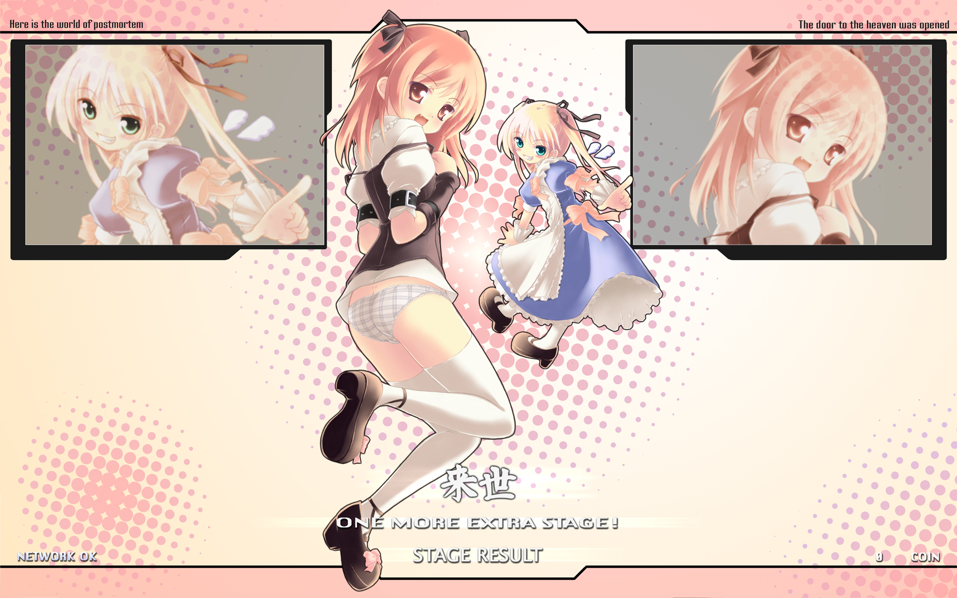 ryo (botugo), highres, 2girls, english text, multiple girls, no pants, panties, plaid clothes, plaid panties, thighhighs, underwear, white panties