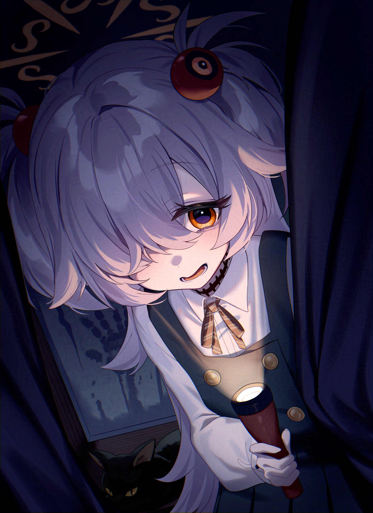onakkasuita, kanoe (blue archive), blue archive, commentary request, highres, 1girl, blue dress, blue eyes, bright pupils, brown eyes, brown halo, collared shirt, dress, hair over one eye, halo, holding, holding torch, long hair, long sleeves, looking at viewer, multicolored eyes, neck ribbon, one eye covered, open mouth, parted bangs, pinafore dress, pleated dress, purple hair, red ribbon, ribbon, scar, scar on neck, school uniform, shirt, sleeveless, sleeveless dress, smile, solo, torch, two-tone eyes, two side up, very long hair, white pupils, white shirt