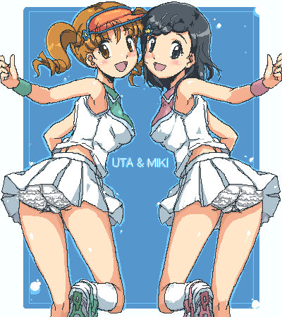 4040 (abonriya), sakurazuka miki, yumeno uta, onegai my melody, sanrio, lowres, 00s, 2girls, ass, bare shoulders, black eyes, black hair, brown eyes, brown hair, frilled panties, frills, from behind, looking at viewer, looking back, miniskirt, multiple girls, outstretched arms, panties, pantyshot, short hair, skirt, smile, sportswear, tennis uniform, twintails, underwear, visor cap