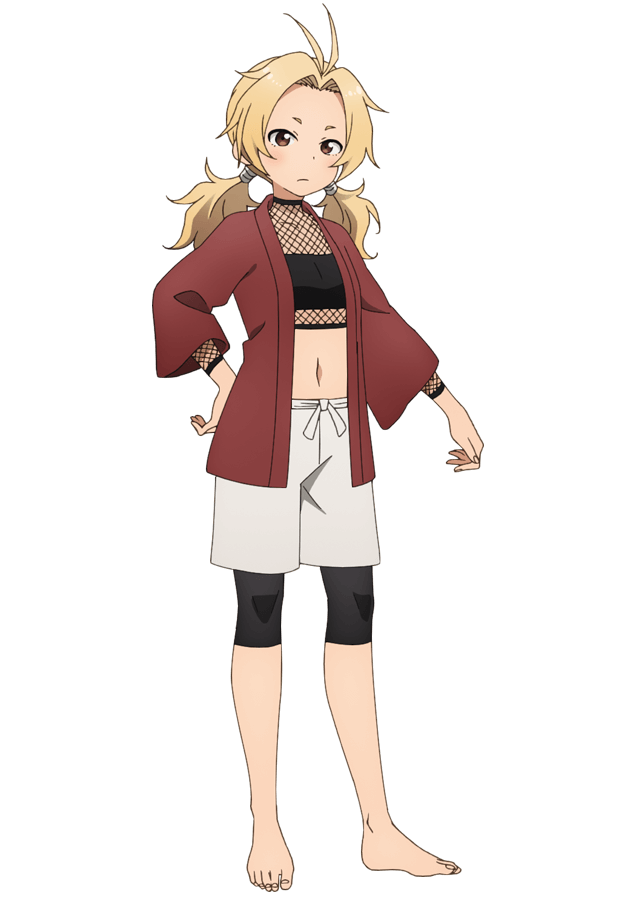 okuda yousuke, tsuwabuki (kunoichi tsubaki no mune no uchi), kunoichi tsubaki no mune no uchi, official art, 1girl, anime coloring, antenna hair, bike shorts, black tube top, blonde hair, breasts, brown eyes, brown kimono, closed mouth, curtained hair, fishnet sleeves, fishnet top, fishnets, full body, hand on own hip, japanese clothes, kimono, long hair, long sleeves, looking at viewer, low twintails, medium breasts, midriff, navel, ninja, open clothes, open kimono, outstretched arm, parted bangs, sash, shorts, simple background, solo, standing, strapless, tachi-e, transparent background, tube top, twintails, white sash, white shorts, wide sleeves