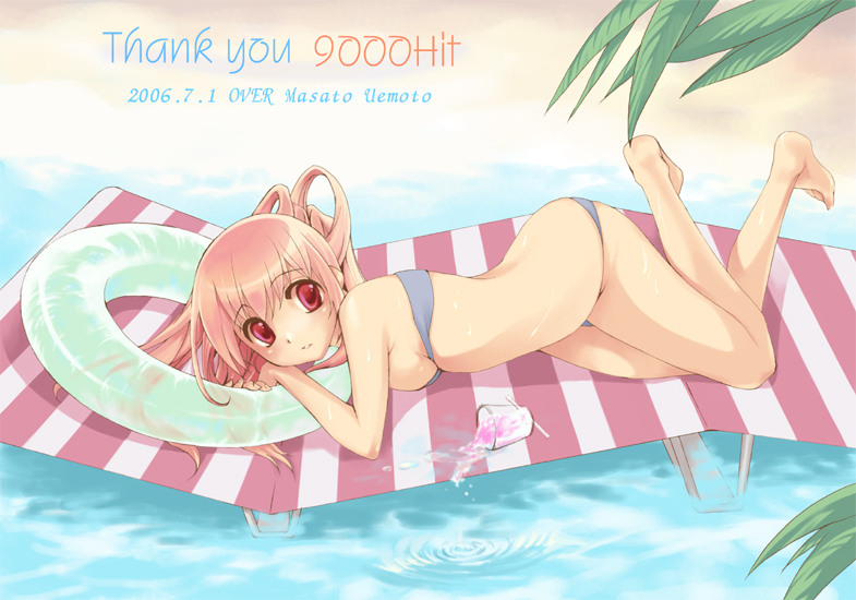 uemoto masato, original, 1girl, artist name, barefoot, bikini, cup, drinking glass, female focus, innertube, milestone celebration, solo, spill, swim ring, swimsuit, thank you, water