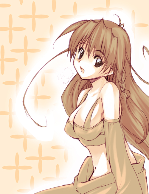 uemoto masato, 1girl, :o, bra, breasts, brown hair, cleavage, detached sleeves, female focus, large breasts, long hair, long sleeves, looking at viewer, open mouth, sitting, solo, underwear, very long hair