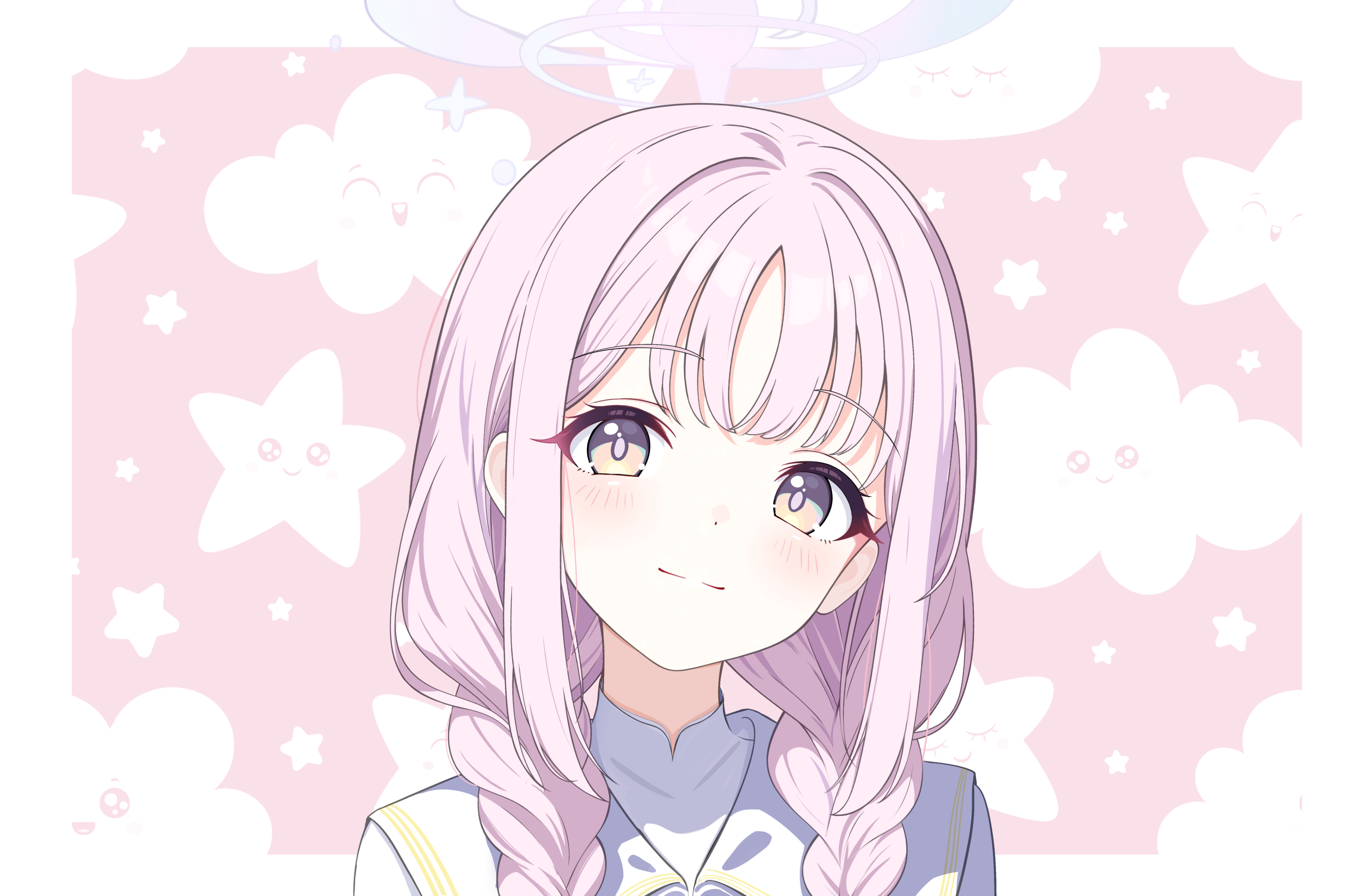 menglan kio233, mika (blue archive), blue archive, absurdres, highres, 1girl, alternate hairstyle, blush, braid, closed mouth, gold trim, halo, looking at viewer, pink hair, pink halo, smile, solo, twin braids