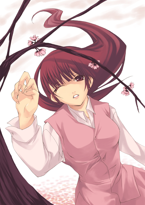 uemoto masato, original, 1girl, breasts, cherry blossoms, collared shirt, dutch angle, female focus, fingernails, hand up, long hair, long sleeves, looking at viewer, one eye closed, parted lips, red eyes, red hair, shirt, solo, teeth, vest, white shirt, wind