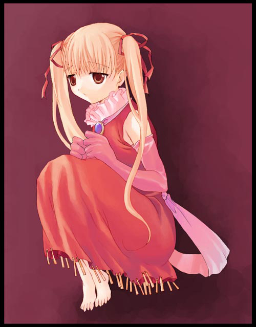 uemoto masato, original, 1girl, barefoot, feet, female focus, red background, simple background, solo, twintails