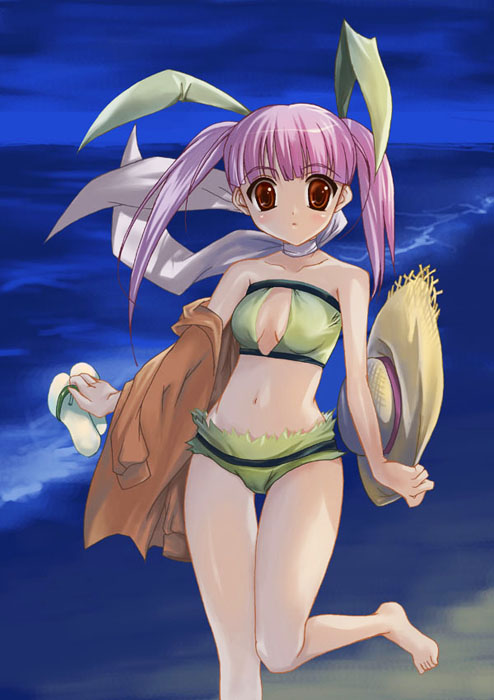uemoto masato, original, animal ears, beach, bikini, rabbit ears, solo, swimsuit, twintails