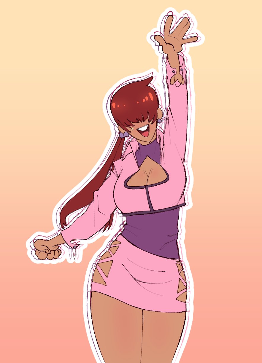 1shermieaday, shermie (kof), the king of fighters, 1girl, breasts, cleavage, cleavage cutout, clothing cutout, dark-skinned female, dark skin, dress, female focus, hand up, huge breasts, jacket, large breasts, long hair, marellartt, open mouth, ponytail, red hair, skirt, smile, smiley face, standing, tan, thick thighs, thighs, twintails, wide hips