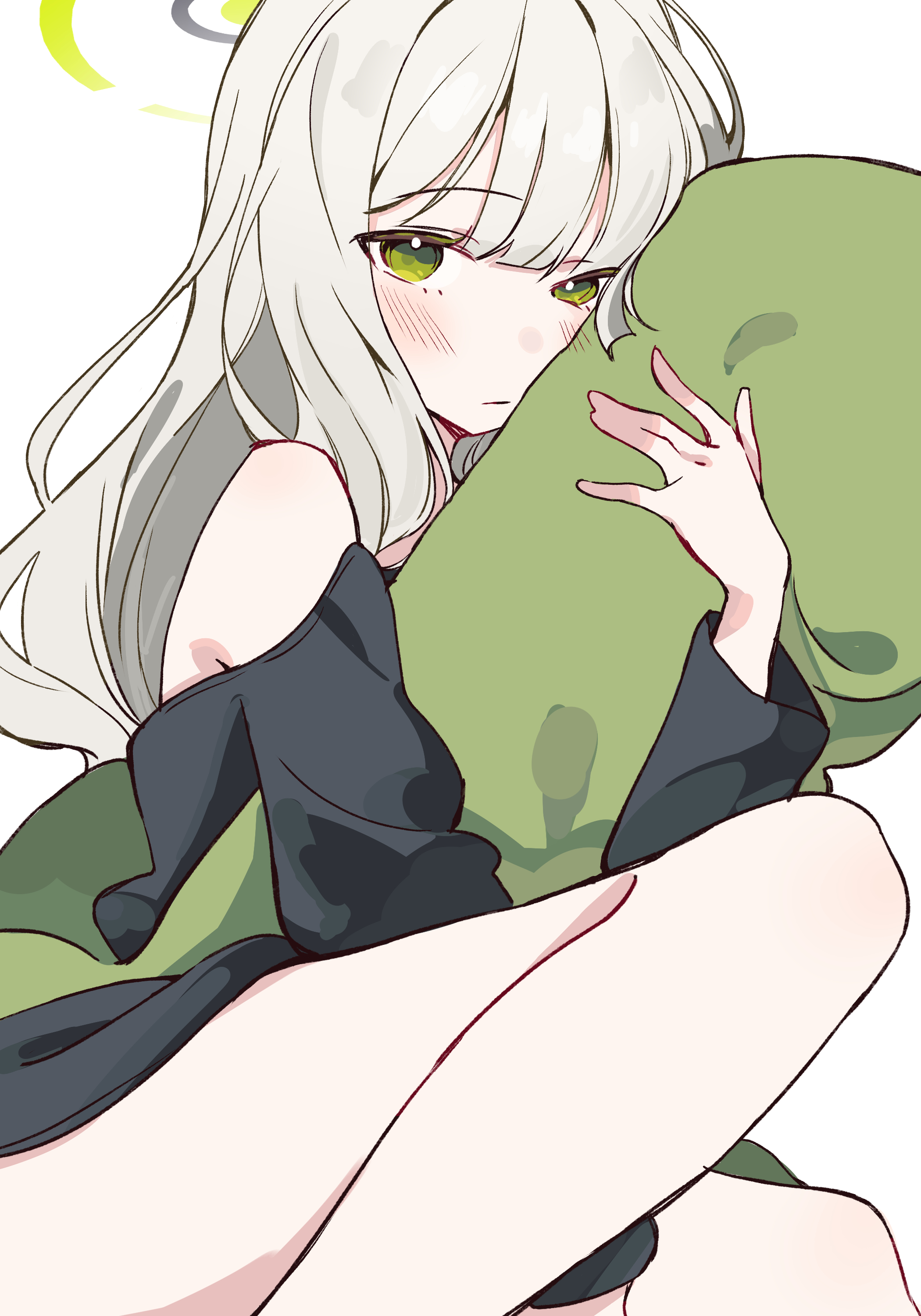 comorebi, hare (blue archive), blue archive, absurdres, highres, 1girl, black shirt, blush, closed mouth, feet out of frame, green eyes, green halo, grey hair, halo, hugging object, long hair, long sleeves, looking at viewer, off shoulder, pillow, pillow hug, shirt, simple background, solo, white background