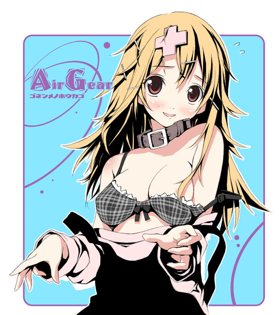 kantoku, sumeragi kururu, air gear, 00s, 1girl, :d, areola slip, black bra, blonde hair, blush, bow, bow bra, bra, breasts, cleavage, collar, copyright name, cross hair ornament, embarrassed, female focus, hair ornament, hairclip, large breasts, lingerie, long hair, nipple slip, nipples, off shoulder, open mouth, plaid bra, plaid clothes, red eyes, smile, solo, sweatdrop, underwear, undressing, upper body