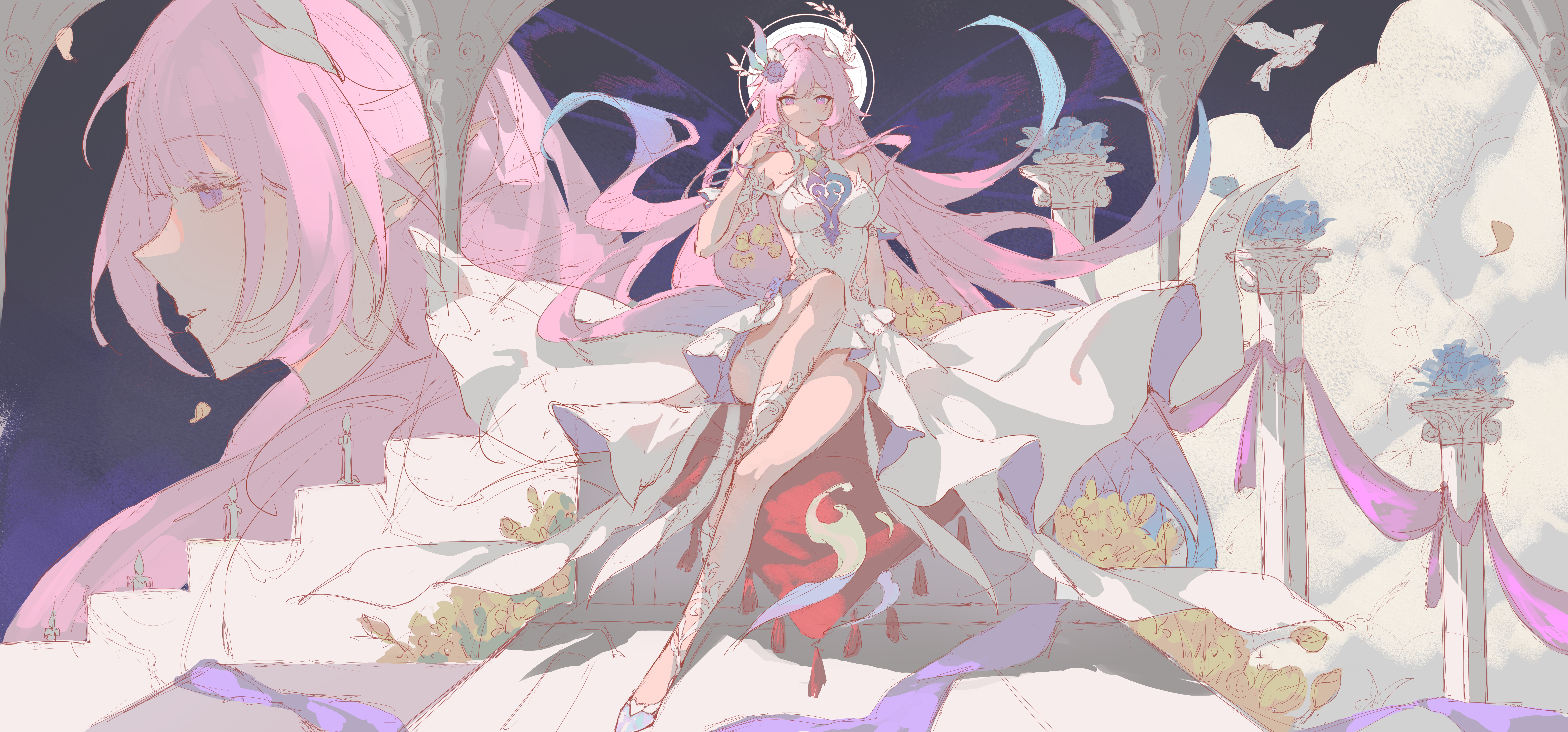 qiuqiuku, cyrene (honkai: star rail), cyrene (ripples of past reverie) (honkai: star rail), honkai: star rail, honkai (series), absurdres, highres, 1girl, blue hair, breasts, diamond-shaped pupils, diamond (shape), dress, flower, full moon, hair flower, hair ornament, halo, high heels, long hair, medium breasts, moon, multicolored hair, multiple views, night, night sky, pink hair, purple eyes, sitting, sky, stone pillar, symbol-shaped pupils, thighs, two-tone hair, very long hair, white dress