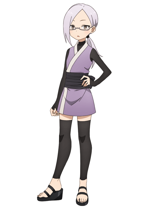 okuda yousuke, sumire (kunoichi tsubaki no mune no uchi), kunoichi tsubaki no mune no uchi, official art, 1girl, anime coloring, black shirt, black thighhighs, blush, breasts, full body, glasses, hand on own hip, japanese clothes, kimono, long hair, long sleeves, looking at viewer, low ponytail, ninja, obi, open mouth, parted bangs, parted lips, ponytail, purple kimono, sash, semi-rimless eyewear, shirt, short kimono, simple background, sleeveless, sleeveless kimono, small breasts, solo, standing, tachi-e, thighhighs, transparent background, tsurime, turtleneck, turtleneck shirt, under-rim eyewear, wedge heels, white-framed eyewear, yellow eyes