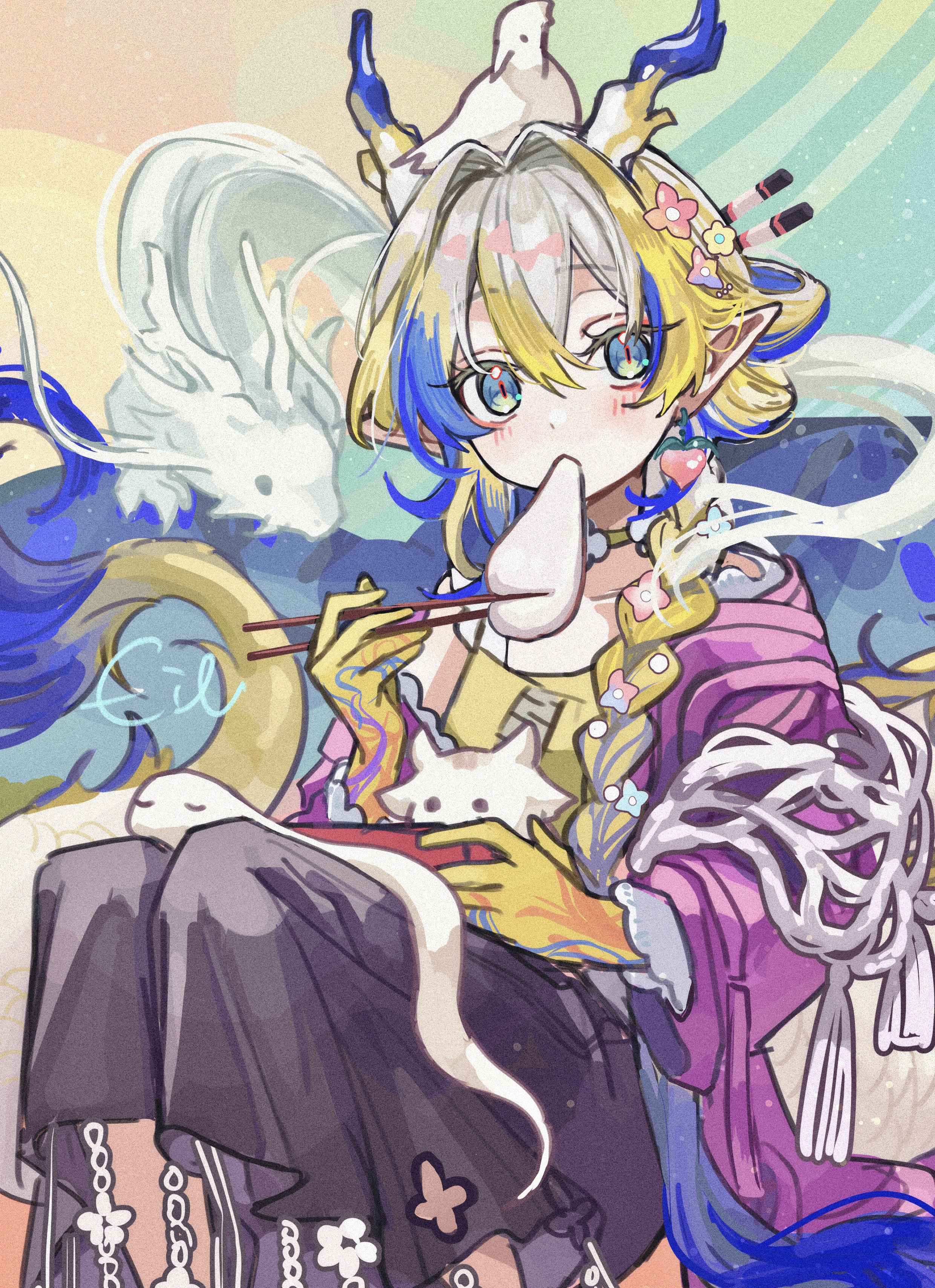 miritenoru, shu (arknights), shu (spring feast) (arknights), arknights, absurdres, highres, 1girl, black skirt, blonde hair, blue eyes, blue hair, braid, chopsticks, colored extremities, dragon, dragon girl, dragon horns, earrings, eastern dragon, eating, flower, food, hair between eyes, hair flower, hair intakes, hair ornament, holding, holding chopsticks, horns, jacket, jewelry, long hair, looking at viewer, multicolored hair, official alternate costume, pink jacket, pointy ears, sitting, skirt, solo, white hair