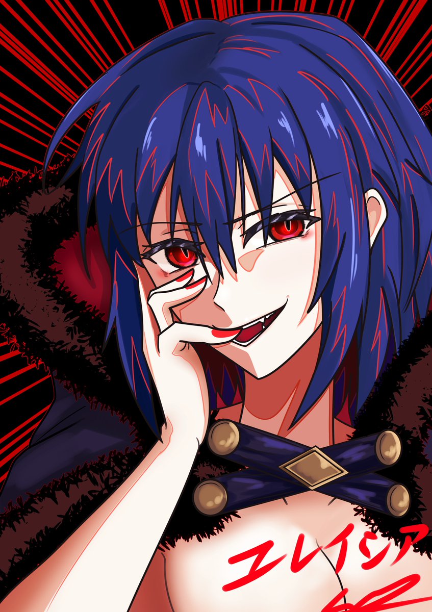 ggifz6618, ciel (tsukihime), michael roa valdamjong, roa-ciel, tsukihime, tsukihime (remake), highres, 1girl, blue hair, breasts, cape, cleavage, evil grin, evil smile, fangs, fur-trimmed cape, fur trim, grin, hair between eyes, hand on own face, looking at viewer, nail polish, naked cape, possessed, profile, red eyes, short hair, smile, vampire