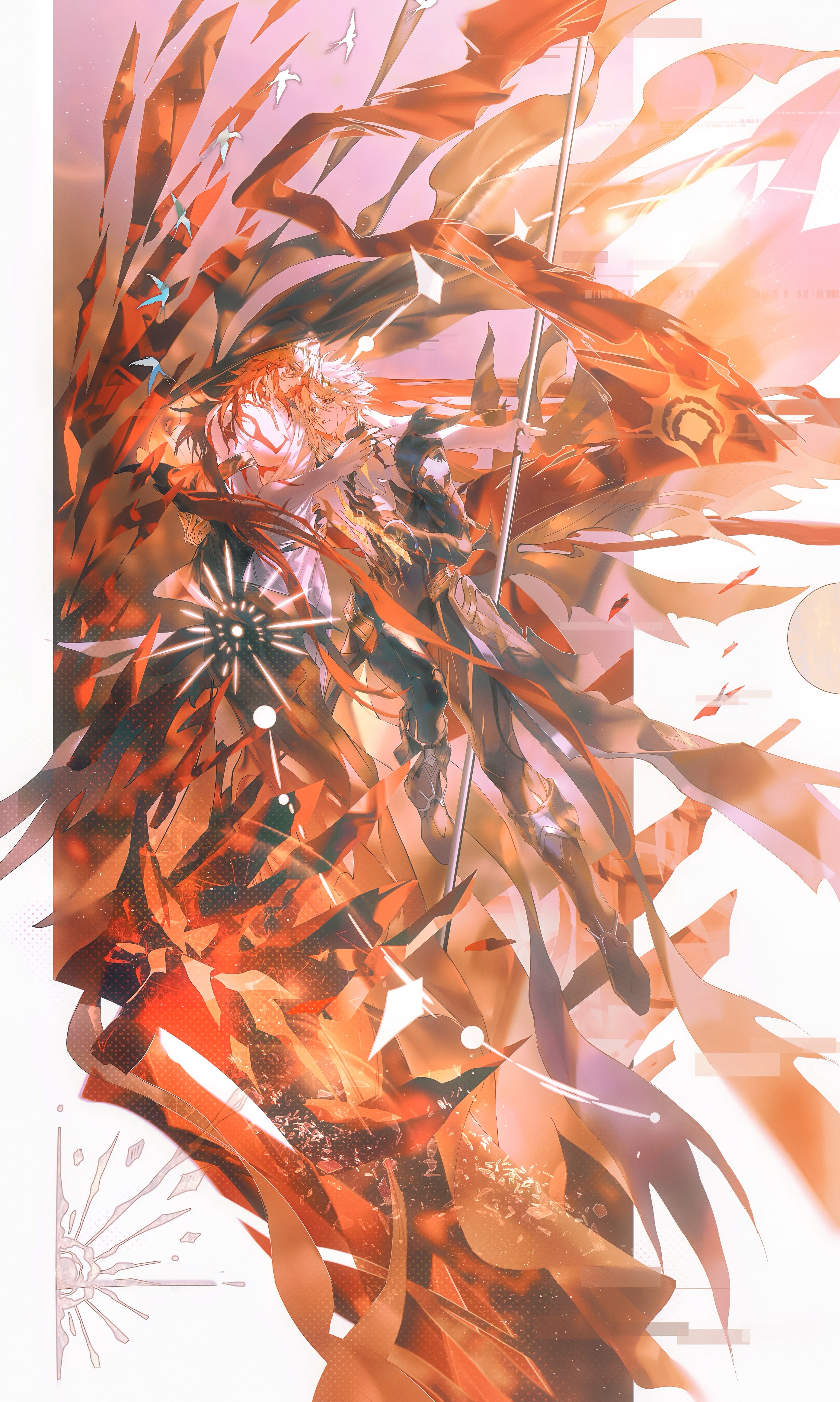 huuuhjjj, mydei (honkai: star rail), phainon (honkai: star rail), phainon (khaslana) (honkai: star rail), honkai: star rail, honkai (series), absurdres, chinese commentary, commentary request, highres, 2boys, alternate form, arm tattoo, armlet, asymmetrical wings, blonde hair, braid, chest tattoo, cracked skin, crystal, facial tattoo, gradient hair, holding, holding polearm, holding weapon, jewelry, male focus, material growth, medium hair, multicolored hair, multiple boys, parted lips, polearm, red hair, red tattoo, robe, short hair, side braid, spiked hair, tattoo, weapon, white robe, wings, yellow blood, yellow eyes