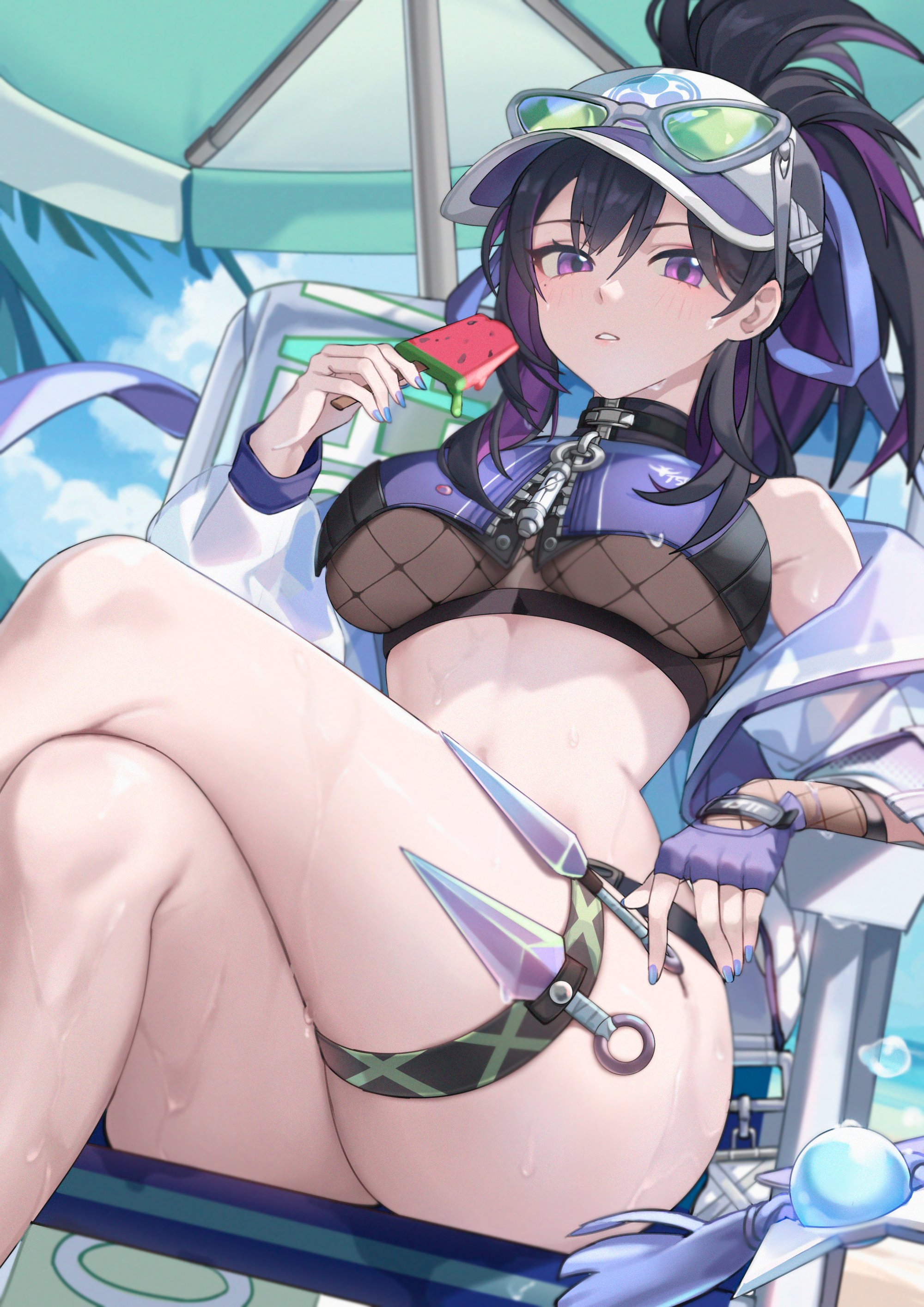 kkonaeng, tsubame (black survival), black survival, eternal return: black survival, absurdres, commentary, highres, 1girl, bare shoulders, beach chair, beach umbrella, bikini, black bikini, black choker, black hair, breasts, choker, crop top, crossed legs, fingerless gloves, fishnets, food, gloves, jacket, kunai, large breasts, long hair, looking at viewer, mole, mole under eye, multicolored hair, nail polish, navel, off shoulder, official alternate costume, parted lips, ponytail, popsicle, purple eyes, purple gloves, purple hair, sitting, solo, stomach, sunglasses, swimsuit, thigh strap, thighs, two-tone hair, umbrella, underboob, visor cap, watermelon bar, weapon, white jacket