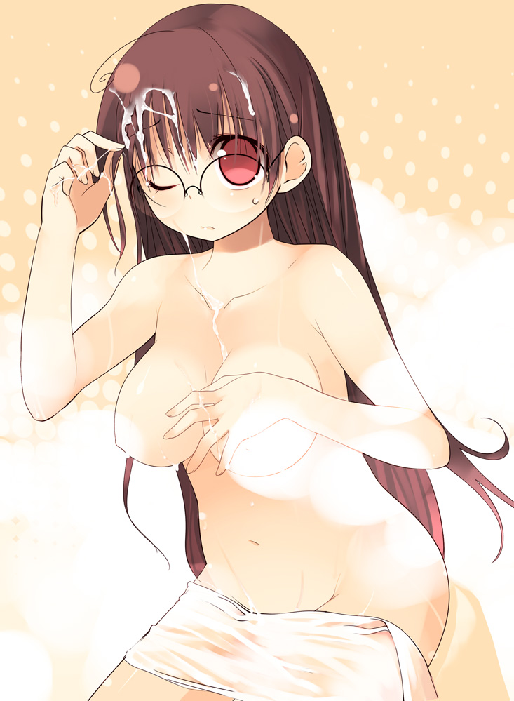 kashiwamochi yomogi, arima senne, original, cum, glasses, nude, solo, towel