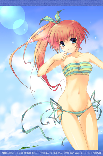 uemoto masato, original, 1girl, bikini, blue eyes, day, female focus, ponytail, red hair, side-tie bikini bottom, solo, striped bikini, striped clothes, swimsuit