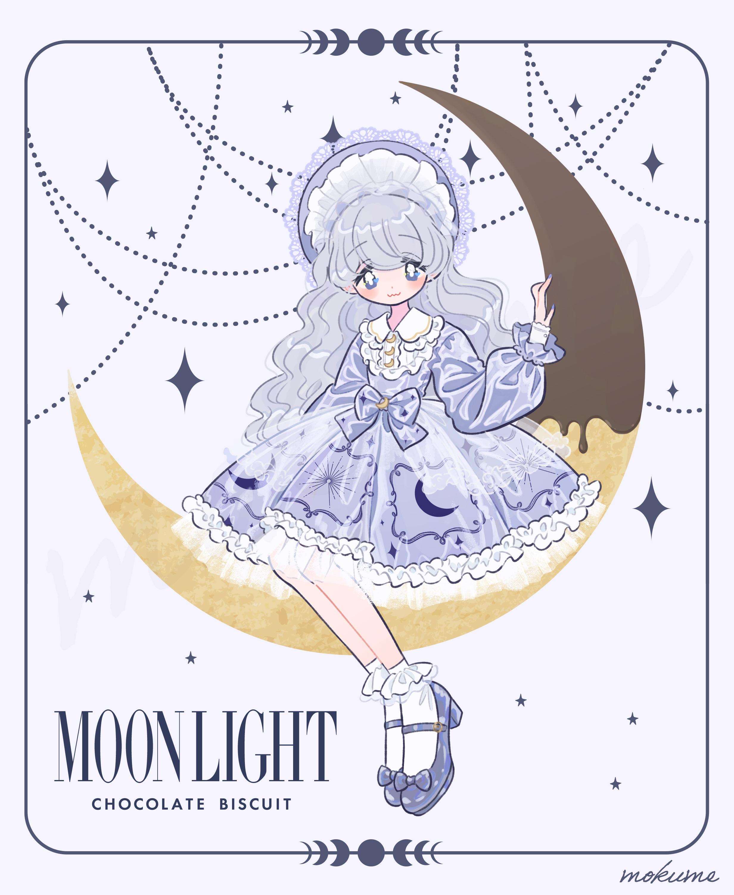 mokume rin, original, absurdres, highres, 1girl, :3, blue bonnet, blue bow, blue dress, blue eyes, blue shoes, blush, bonnet, bow, chocolate, crescent button, dress, dress bow, english text, footwear bow, frilled bonnet, frilled dress, frilled socks, frills, full body, grey hair, high heels, lace-trimmed bonnet, lolita fashion, long hair, looking at viewer, mary janes, on crescent, shoes, simple background, sitting, smile, socks, solo, sparkle, white socks