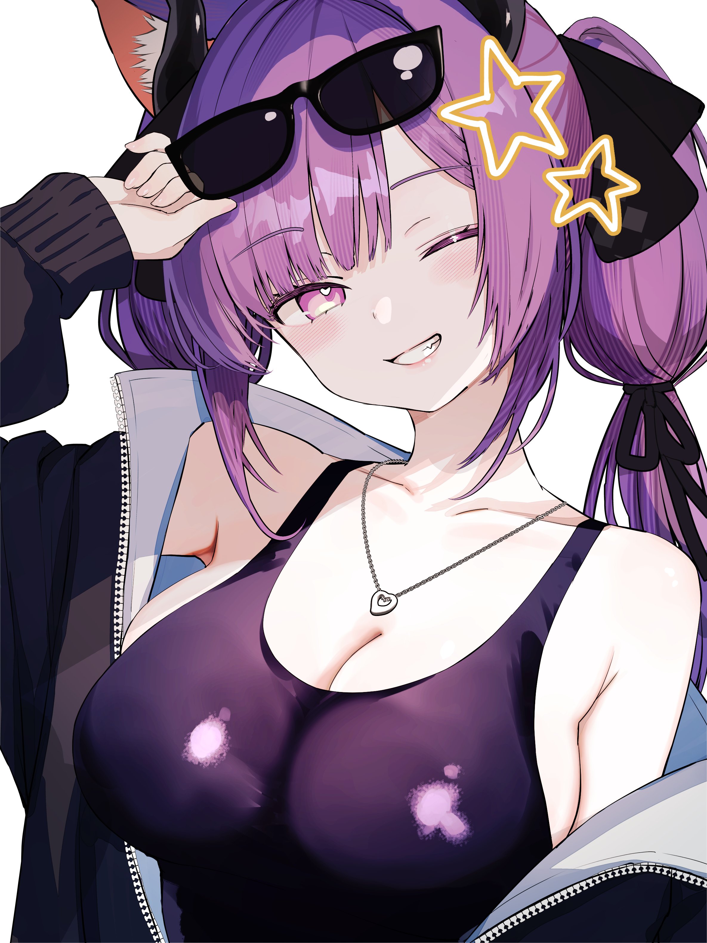 yamai yurika, original, absurdres, highres, 1girl, animal ears, arm up, bare shoulders, black jacket, bow, breasts, cleavage, eyewear on head, grin, hair bow, horns, jacket, jewelry, large breasts, long hair, looking at viewer, necklace, off shoulder, one eye closed, pink eyes, purple hair, shiny clothes, simple background, smile, solo, sunglasses, twintails, upper body, white background