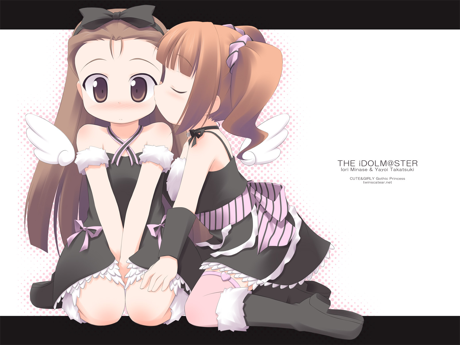 kagura yuuki, minase iori, takatsuki yayoi, idolmaster, idolmaster (classic), idolmaster 1, highres, 00s, cute & girly (idolmaster), kiss, twintails