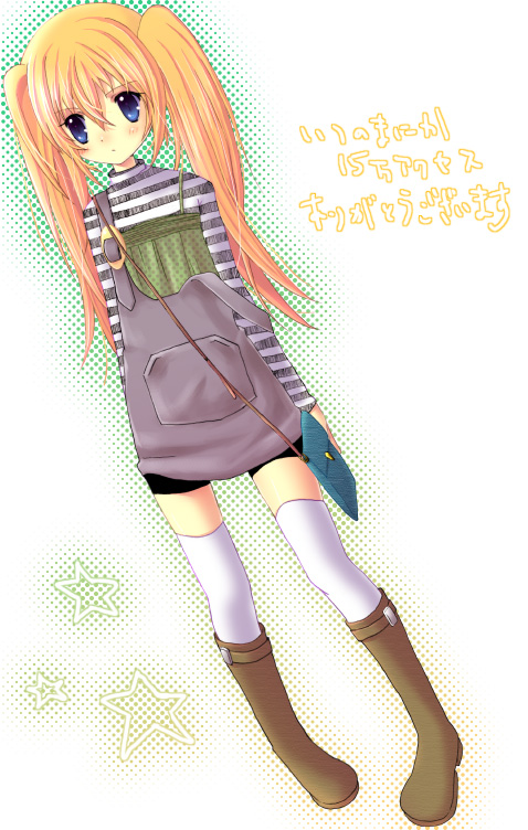 haruno ichigo, translation request, bag, blonde hair, blue eyes, boots, handbag, overalls, shirt, solo, striped clothes, striped shirt, thighhighs, twintails