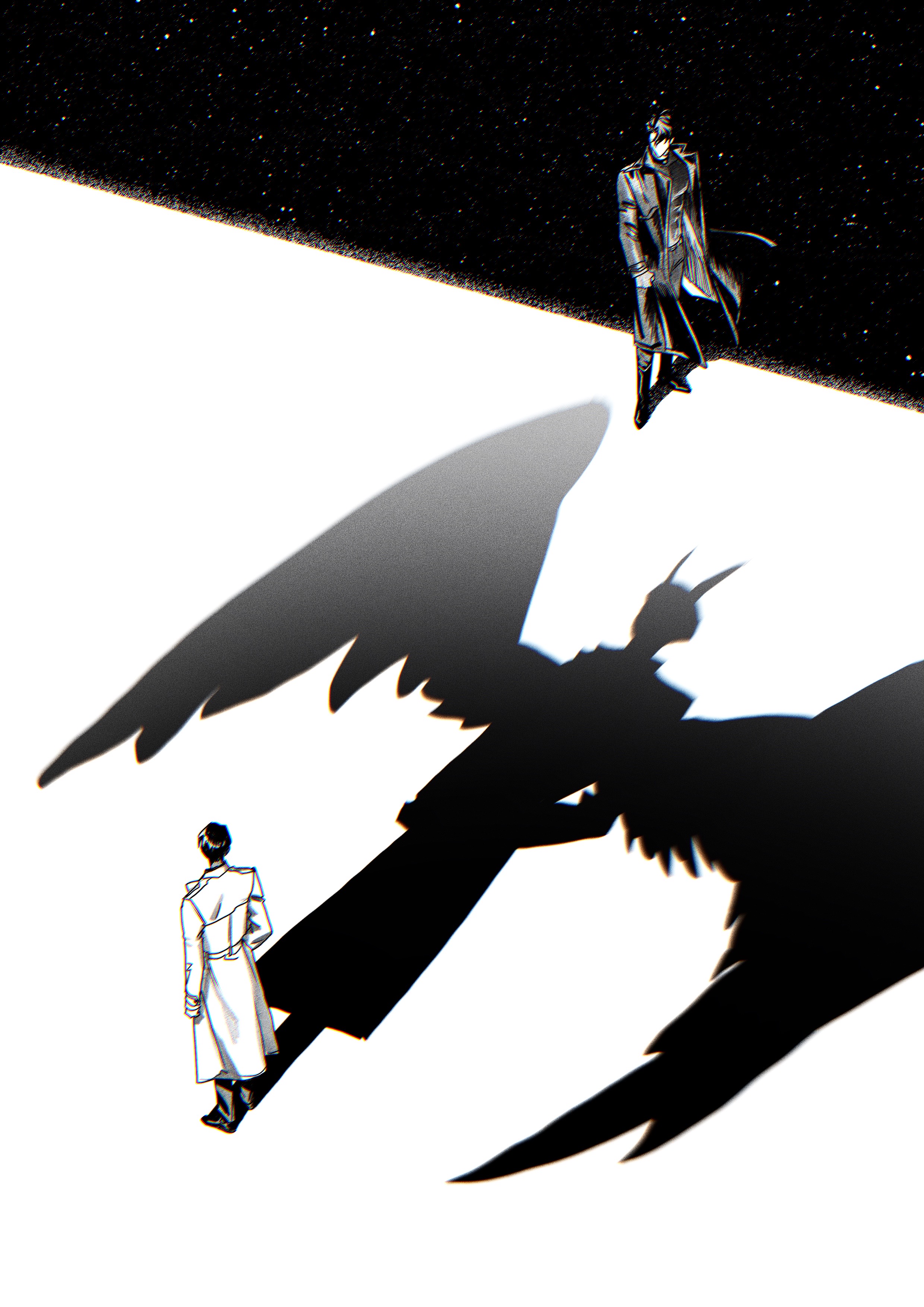 kim dokja, yoo joonghyuk, omniscient reader's viewpoint, absurdres, highres, 2boys, black coat, black hair, black wings, coat, color contrast, demon horns, different shadow, eyesoffyou0003, faceless, feathered wings, full body, hand on own hip, horizon, horns, looking at another, male focus, multiple boys, official alternate costume, open clothes, open coat, short hair, standing, white coat, wings