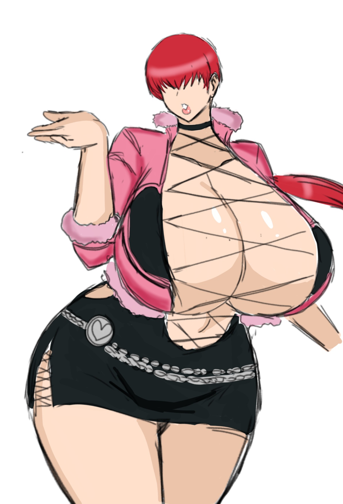 momijizx, shermie (kof), the king of fighters, 1girl, breasts, cleavage, cleavage cutout, clothing cutout, dress, female focus, fishnets, fluffy, hand up, heart, huge breasts, jacket, large breasts, long hair, pale skin, ponytail, red hair, skirt, standing, thick thighs, thighs, wide hips