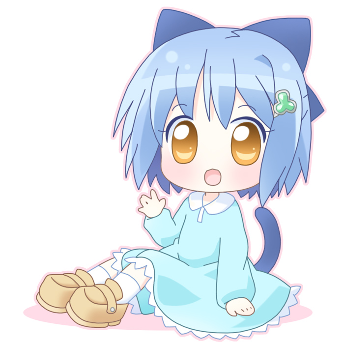 mirai (sugar), inamori mika, gakuen utopia manabi straight!, 00s, 1girl, :d, animal ears, blue hair, cat ears, cat tail, chibi, female focus, open mouth, smile, solo, tail, yellow eyes