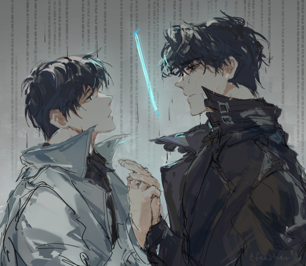 cfeather8, kim dokja, yoo joonghyuk, omniscient reader's viewpoint, 2boys, black coat, black eyes, black hair, coat, holding hands, holographic interface, korean text, looking at another, male focus, multiple boys, open clothes, open coat, popped collar, short hair, text background, upper body, white coat
