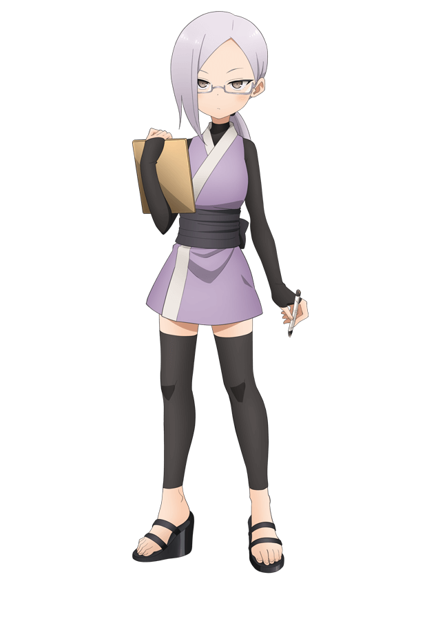 okuda yousuke, sumire (kunoichi tsubaki no mune no uchi), kunoichi tsubaki no mune no uchi, official art, 1girl, anime coloring, black shirt, black thighhighs, blush, breasts, closed mouth, full body, glasses, hand up, holding, holding notebook, holding pen, japanese clothes, kimono, long hair, long sleeves, looking at viewer, low ponytail, ninja, notebook, obi, parted bangs, pen, ponytail, purple kimono, sash, semi-rimless eyewear, shirt, short kimono, simple background, sleeveless, sleeveless kimono, small breasts, solo, standing, tachi-e, thighhighs, transparent background, tsurime, turtleneck, turtleneck shirt, under-rim eyewear, v-shaped eyebrows, wedge heels, white-framed eyewear
