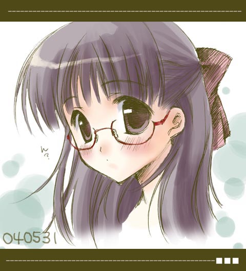 ryouka (suzuya), eyebrows, 1girl, blush, bow, brown bow, brown eyes, expressionless, female focus, glasses, hair bow, half updo, long hair, looking at viewer, purple hair, red-framed eyewear, semi-rimless eyewear, solo, under-rim eyewear, upper body