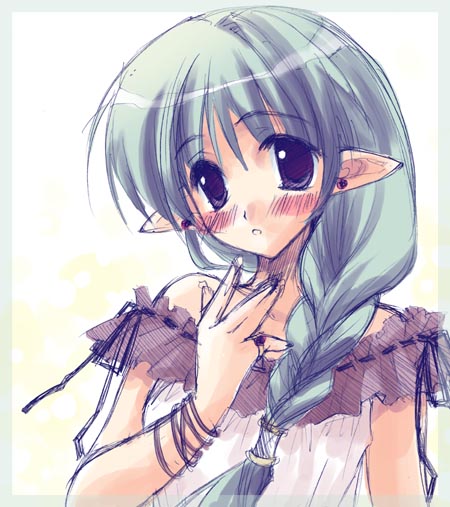 ryouka (suzuya), 1girl, blush, braid, elf, female focus, green hair, hair over shoulder, long hair, off shoulder, pointy ears, simple background, single braid, solo
