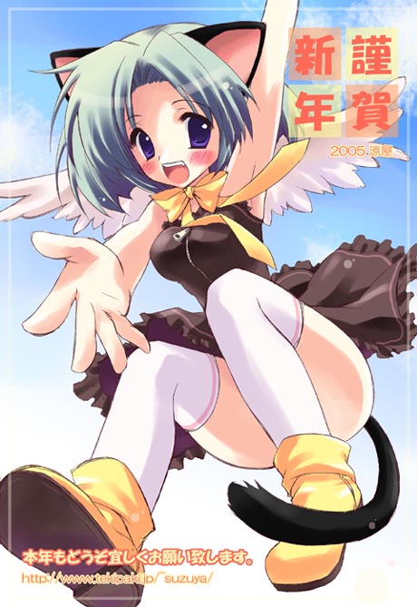 ryouka (suzuya), 1girl, animal ears, blue eyes, cat ears, cat tail, female focus, solo, tail, thighhighs, wings