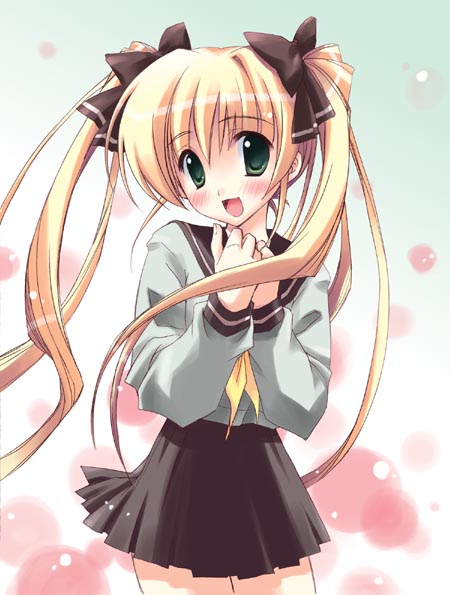 ryouka (suzuya), tagme, 1girl, blonde hair, blouse, cowboy shot, female focus, green eyes, grey shirt, miniskirt, neckerchief, own hands together, school uniform, serafuku, shirt, skirt, solo, standing, twintails, yellow neckerchief