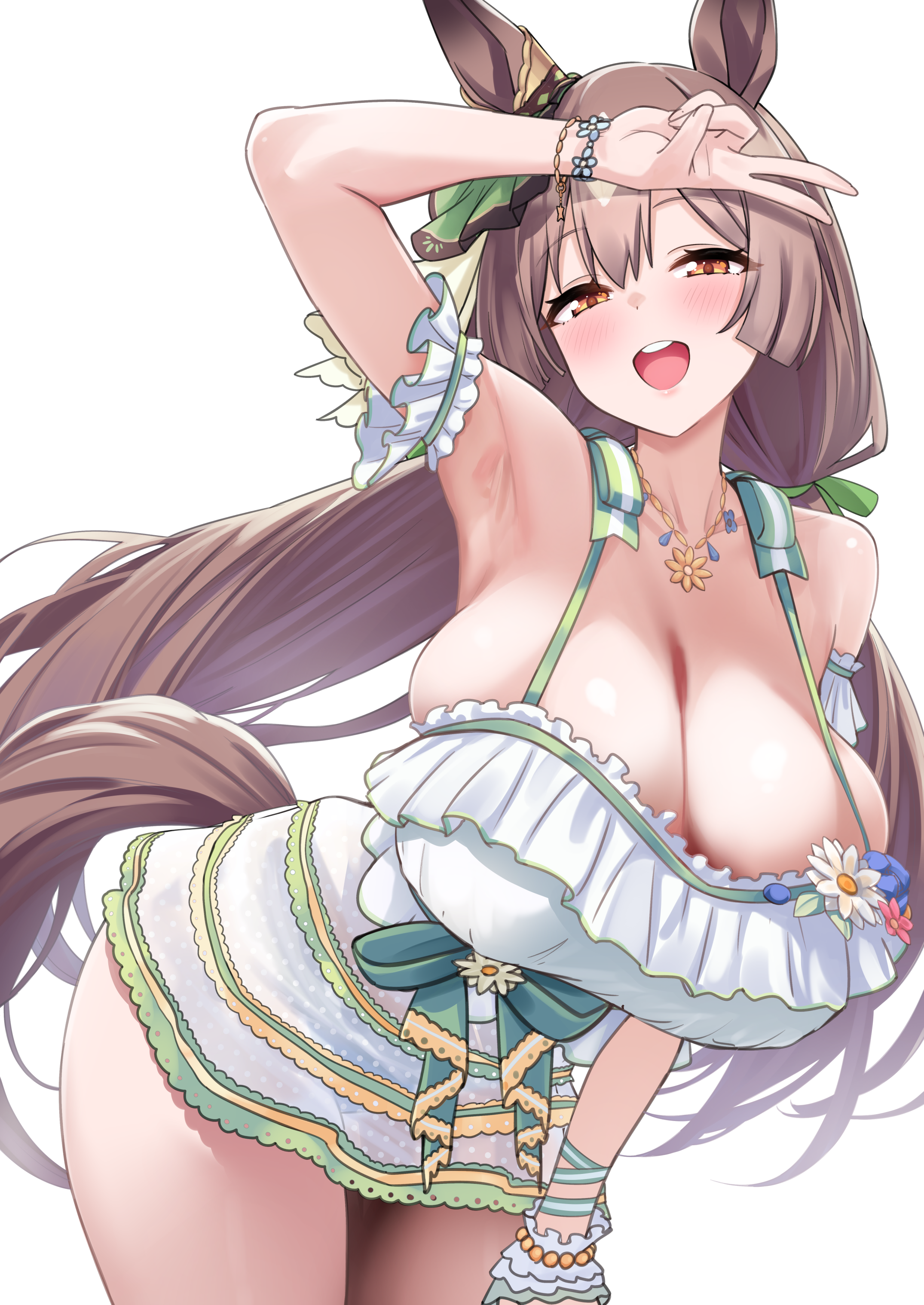 herohero (higashi no dou), mejiro mcqueen (ripple fairlady) (umamusume), mejiro mcqueen (umamusume), satono diamond (umamusume), umamusume, absurdres, commentary request, commission, highres, pixiv commission, 1girl, :d, animal ears, arm up, blush, bracelet, breasts, brown hair, cosplay, horse ears, horse girl, jewelry, large breasts, leaning forward, long hair, looking at viewer, mejiro mcqueen (umamusume) (cosplay), open mouth, simple background, smile, solo, white background, yellow eyes
