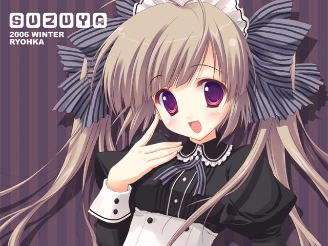 ryouka (suzuya), original, 00s, 1girl, 2006, :d, artist name, brown hair, circle name, female focus, hair ribbon, long hair, looking at viewer, open mouth, red eyes, ribbon, smile, solo, striped background, striped ribbon, twintails, upper body, vertical stripes