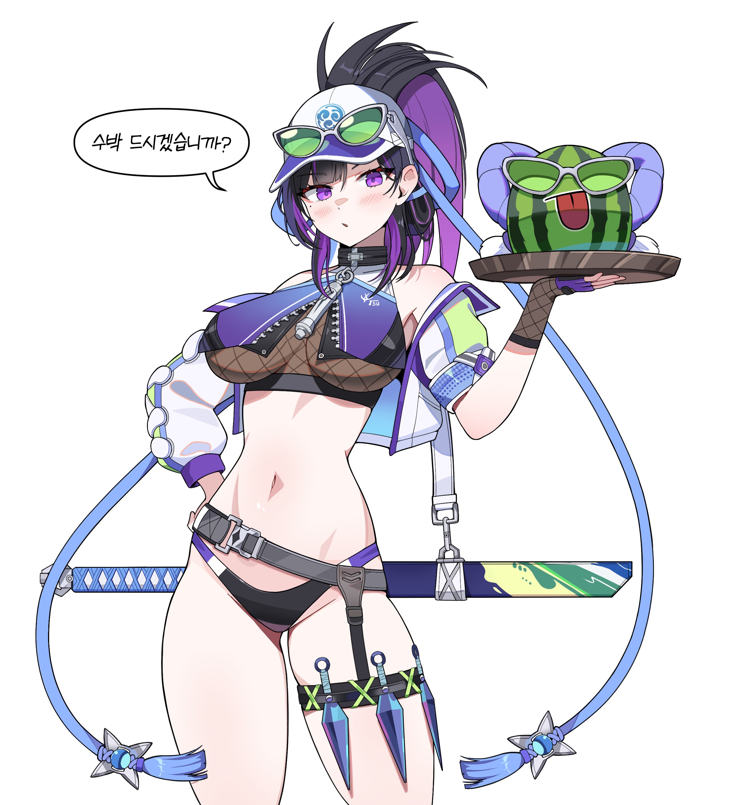 dalgam12, tsubame (black survival), black survival, eternal return: black survival, absurdres, commentary, highres, korean commentary, translation request, 1girl, bare shoulders, baseball cap, belt, bikini, bikini bottom only, black bikini, black hair, breasts, crop top, cropped jacket, eyewear on headwear, fishnets, hand on own hip, hat, high ponytail, holding, holding tray, jacket, kunai, large breasts, long hair, looking at viewer, mole, mole under eye, multicolored hair, navel, off shoulder, official alternate costume, open clothes, open jacket, parted lips, ponytail, purple eyes, purple hair, simple background, sleeveless, solo, speech bubble, stomach, sunglasses, swimsuit, thigh strap, thighs, tray, two-tone hair, weapon, weapon on back, white background, white hat, white jacket