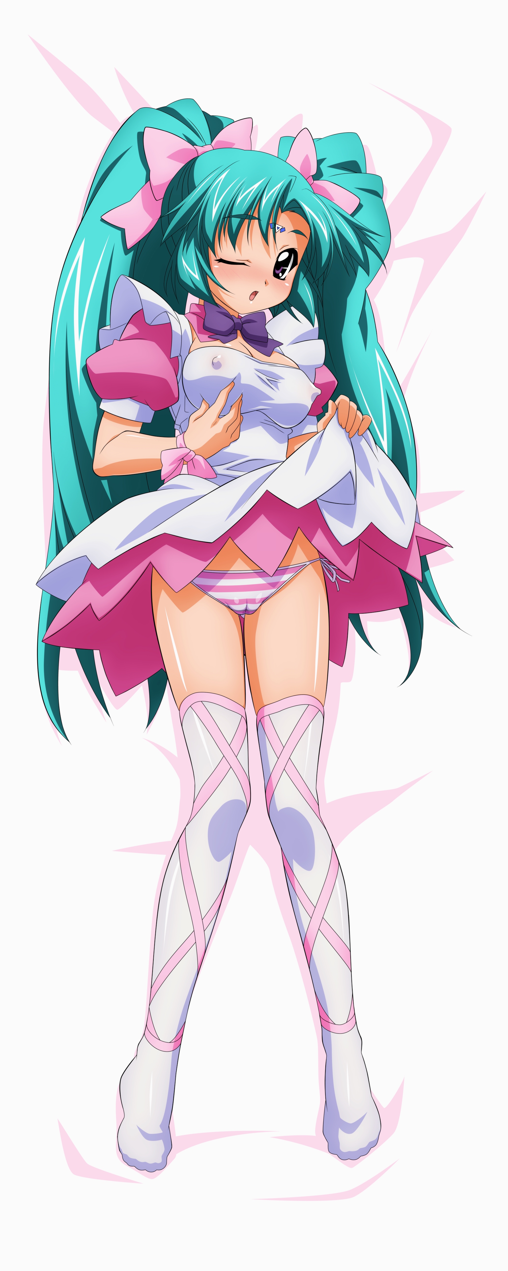 sugimura tomokazu, canal vorfeed, lost universe, absurdres, highres, long image, tall image, 1990s (style), 1girl, breasts, cleft of venus, clothes lift, covered erect nipples, female focus, green hair, medium breasts, panties, retro artstyle, skirt, skirt lift, solo, striped clothes, striped panties, thighhighs, underwear, waitress