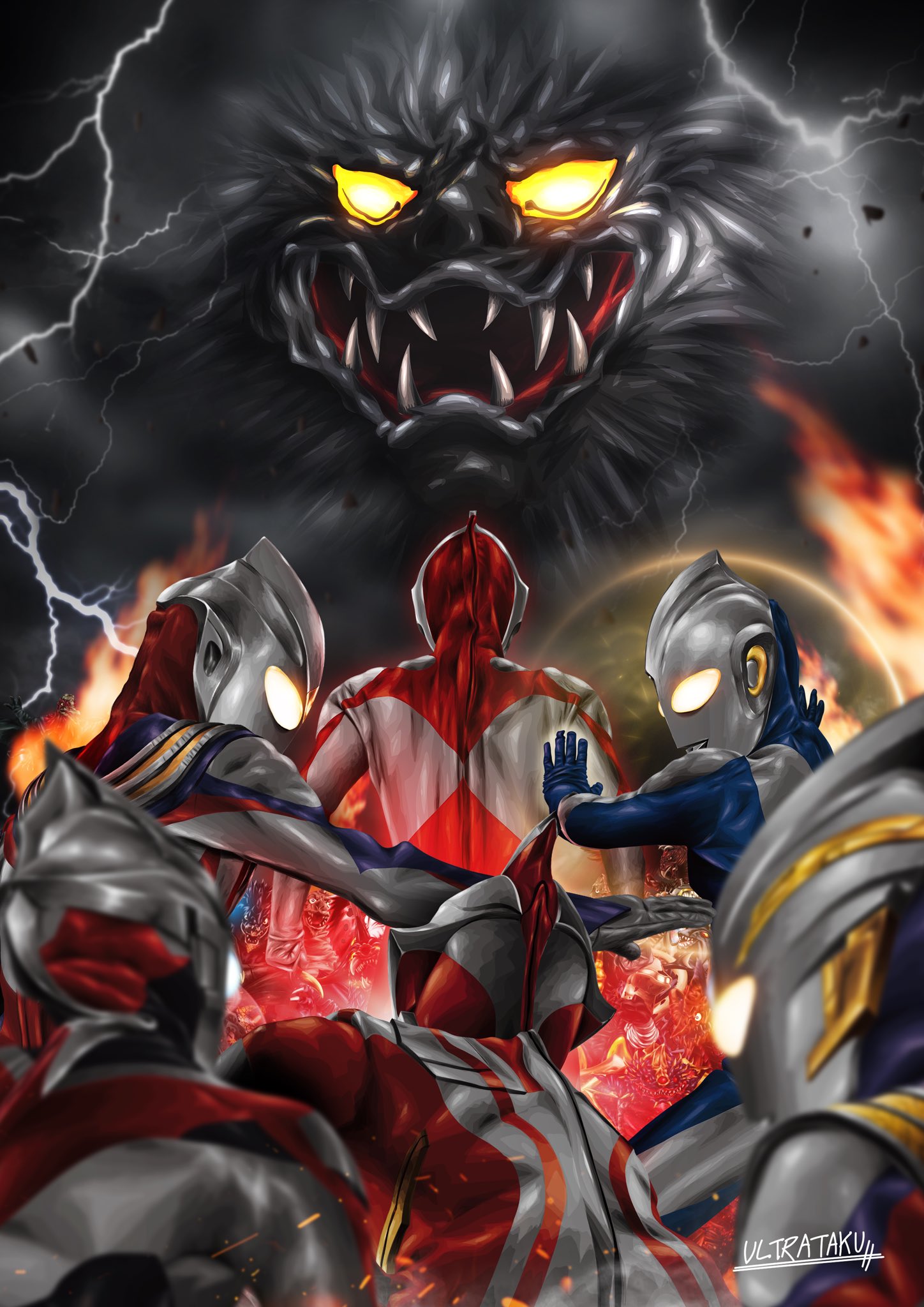 ultrataku, ultraman, ultraman cosmos, ultraman cosmos (luna mode), ultraman mebius, ultraman orb, ultraman tiga, ultraman tiga (multi type), ultraman trigger, ultra series, ultraman (1st series), ultraman cosmos (series), ultraman mebius (series), ultraman orb (series), ultraman tiga (series), ultraman trigger (series), highres, alien, armor, blue skin, color timer, colored skin, giant, glowing, glowing eyes, kaiju, looking at viewer, multicolored skin, multiple boys, red skin, science fiction, silver skin, standing, tokusatsu, yellow eyes