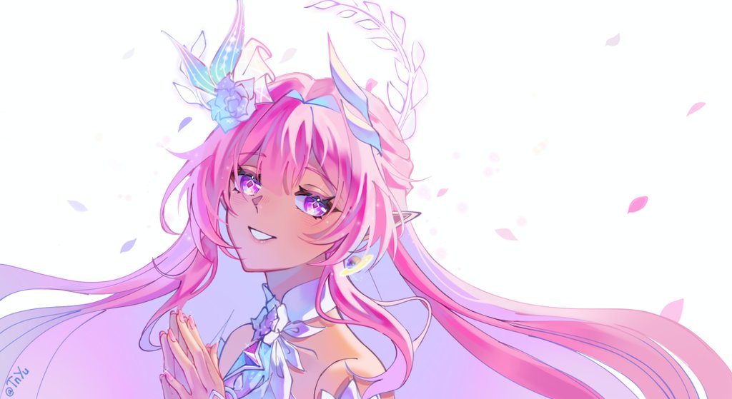 tnyuu911, cyrene (honkai: star rail), cyrene (ripples of past reverie) (honkai: star rail), honkai: star rail, honkai (series), commentary, english commentary, hashtag-only commentary, revision, 1girl, bare shoulders, diamond-shaped pupils, diamond (shape), dress, falling petals, flower, from side, hair flower, hair ornament, halo, long hair, looking at viewer, parted lips, petals, pink hair, pointy ears, purple eyes, smile, solo, symbol-shaped pupils, twitter username, very long hair, white dress